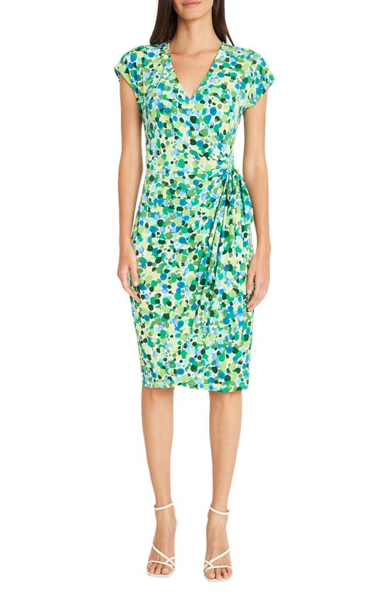 Maggy London Matte Jersey Short Sleeve Wrap Dress In Soft White/ Dark Turquoise