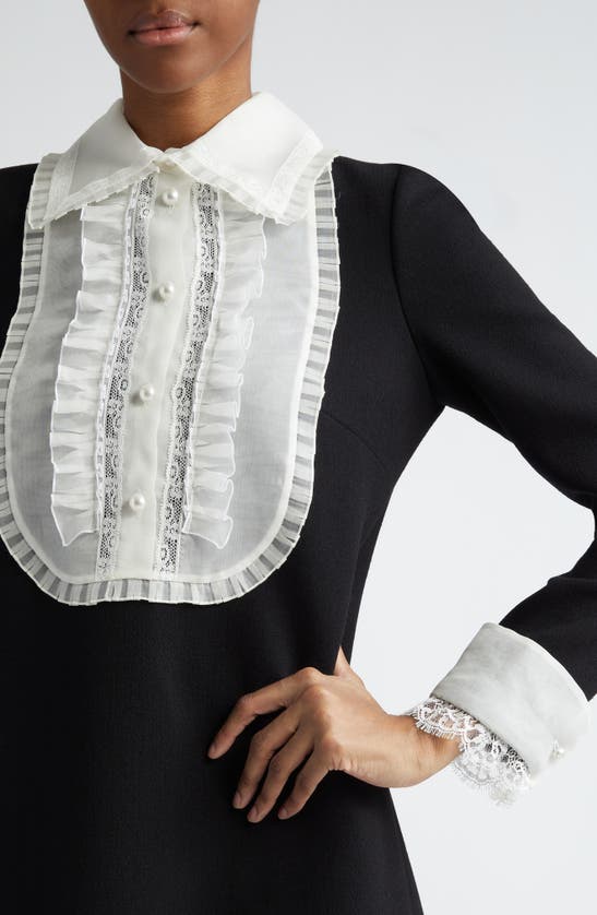 Shop Dolce & Gabbana Lace Bib Long Sleeve Wool Blend Minidress In N0000 Nero