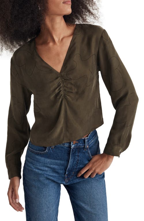 Print Brushed Ruched Front Top in Expedition Green