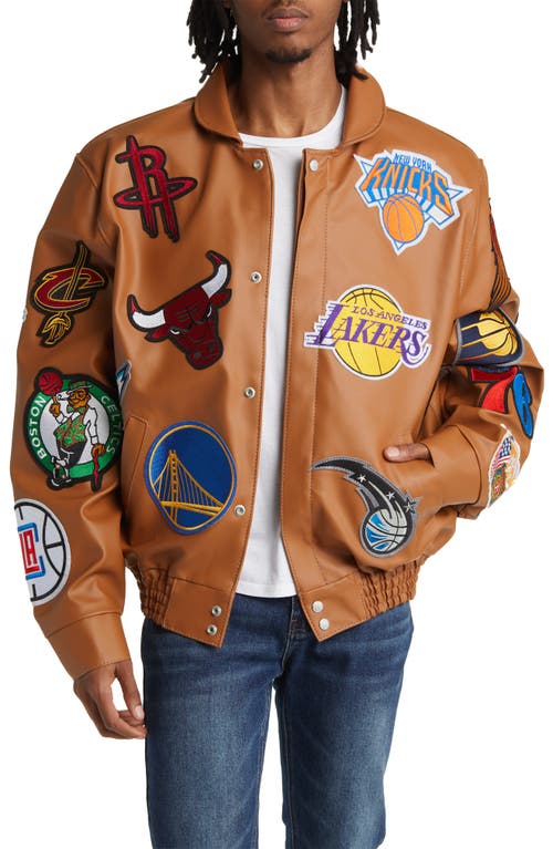 JEFF HAMILTON NBA Collage Faux Leather Jacket in Camel