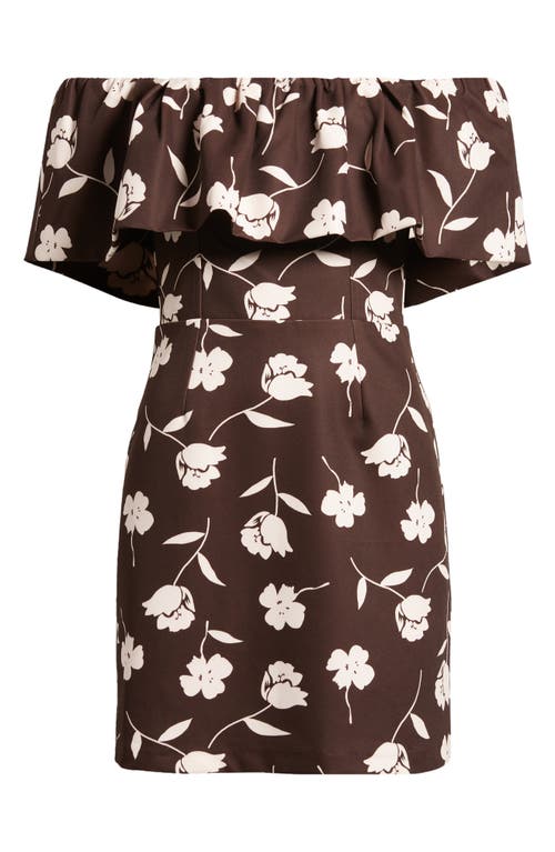 Shop Charles Henry Floral Ruffle Off The Shoulder Minidress In Espresso Stamp Floral