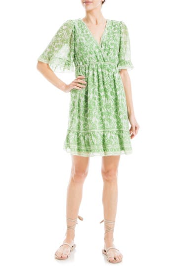 Shop Max Studio Floral Short Sleeve Dress In Green/ivory