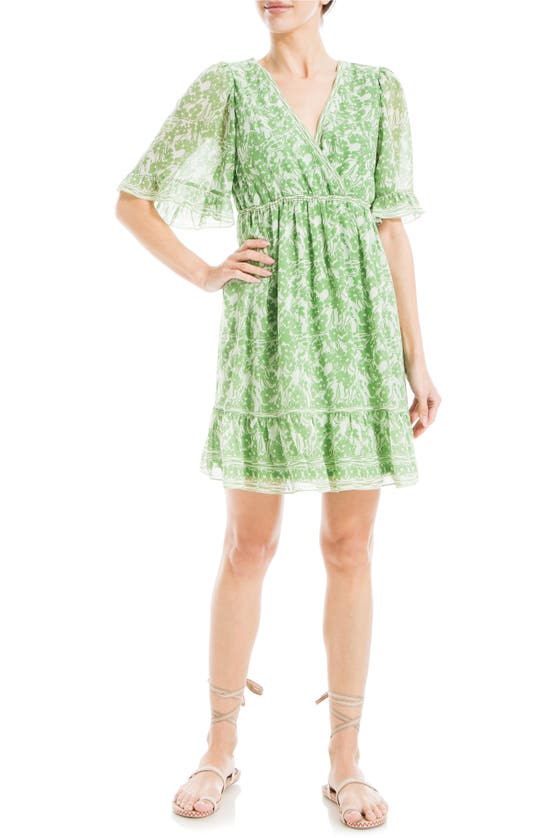 Max Studio Floral Short Sleeve Dress In Green/ Ivory