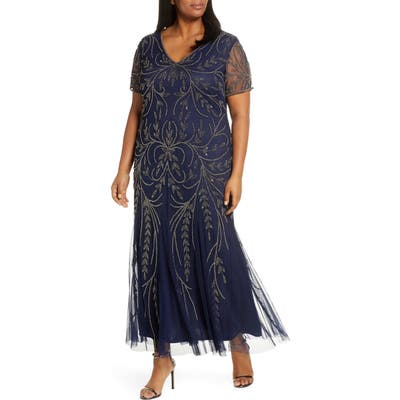 Plus Size Pisarro Nights V-Neck Embellished Mesh Gown, Blue