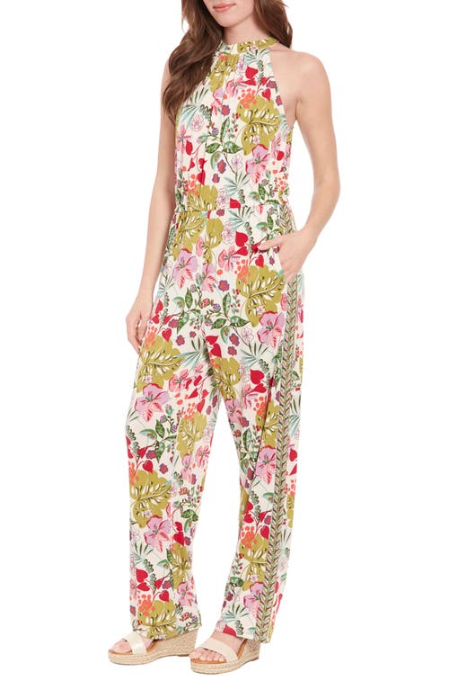 Shop London Times Floral Print Mock Neck Sleeveless Jumpsuit In Ivory/multi
