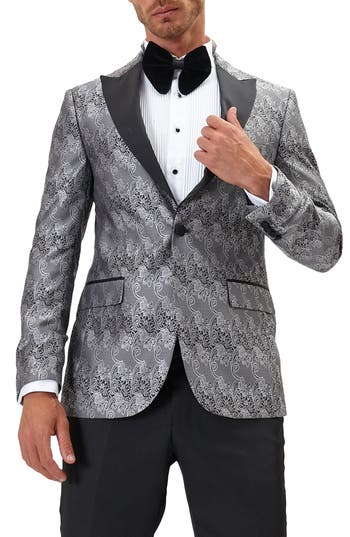 Ron Tomson Paisley Pattern Tuxedo Jacket In Silver