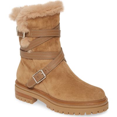 Gianvito Rossi Wrap Belt Faux Shearling Boot, Beige