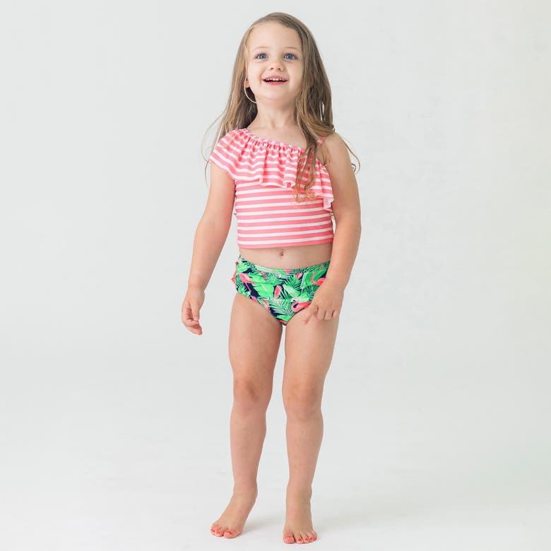 Shop Rufflebutts Girls One Shoulder Ruffle Tankini In Flamingo Frenzy
