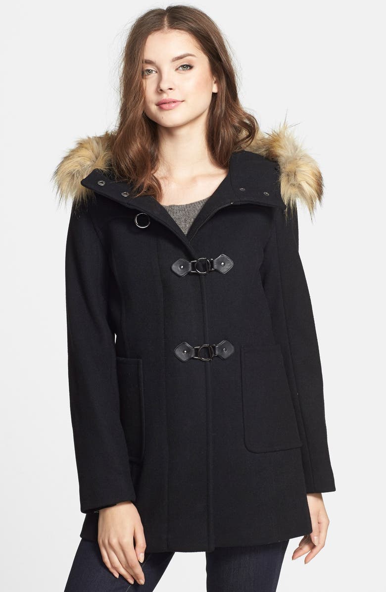 Kristen Blake Faux Fur Trim Hooded Wool Blend Duffle Coat | Nordstrom