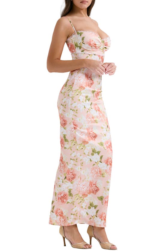 House Of Cb Josefina Floral Bustier Bodice Stretch Satin Body-con Dress In Peony Print