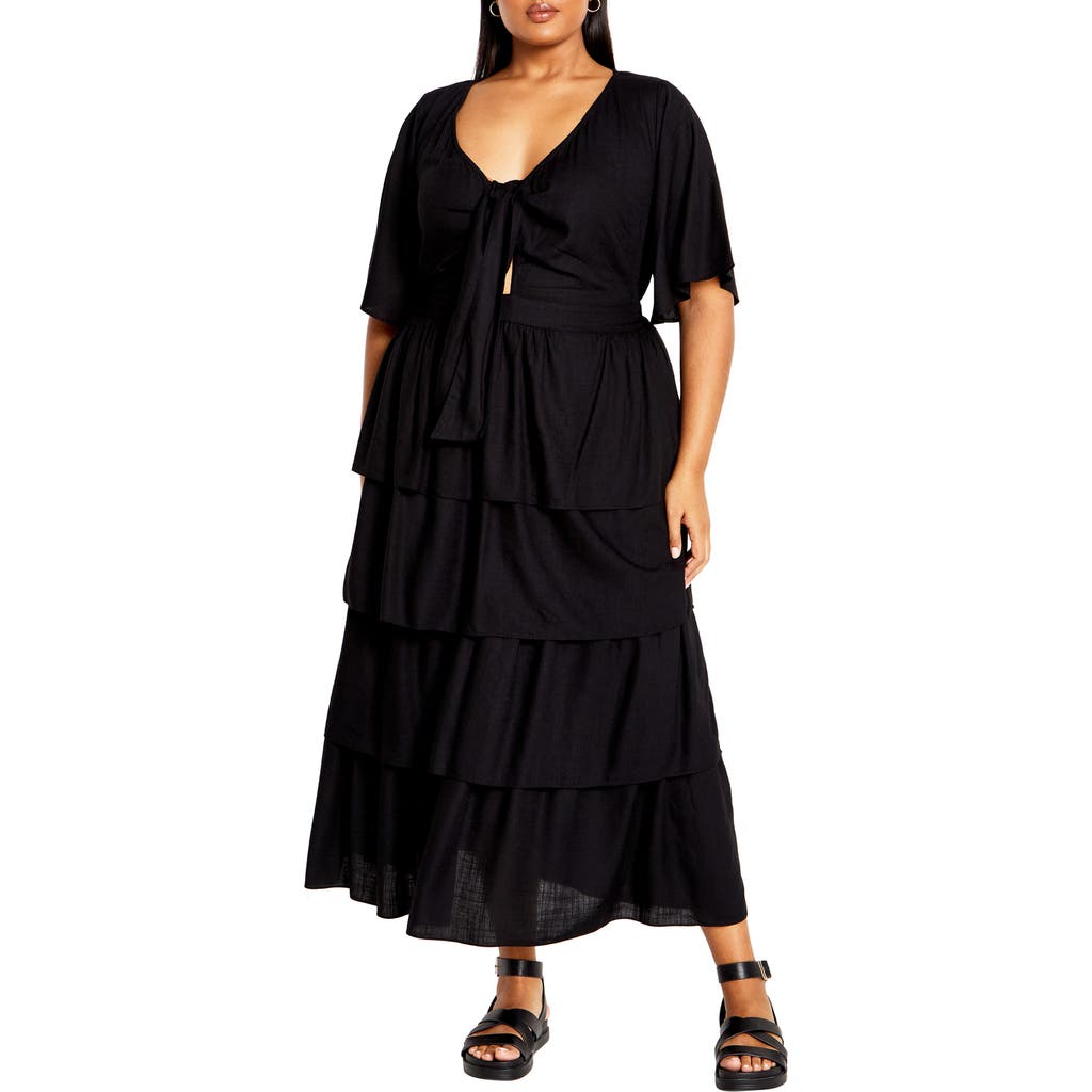 City Chic Ana Tie Front Tiered Midi Dress In Black
