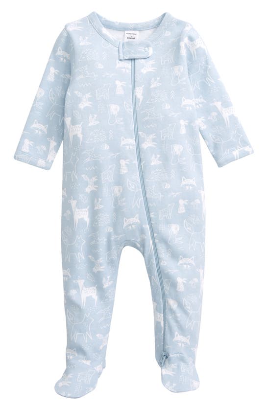 Nordstrom Babies' Print Zip Footie In Blue Flax Woodland