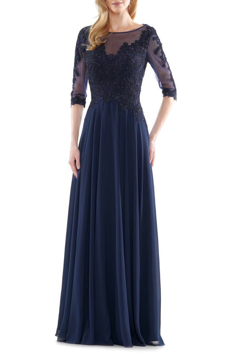 MARSONI Metallic Lace & Chiffon A-Line Evening Gown | Nordstrom