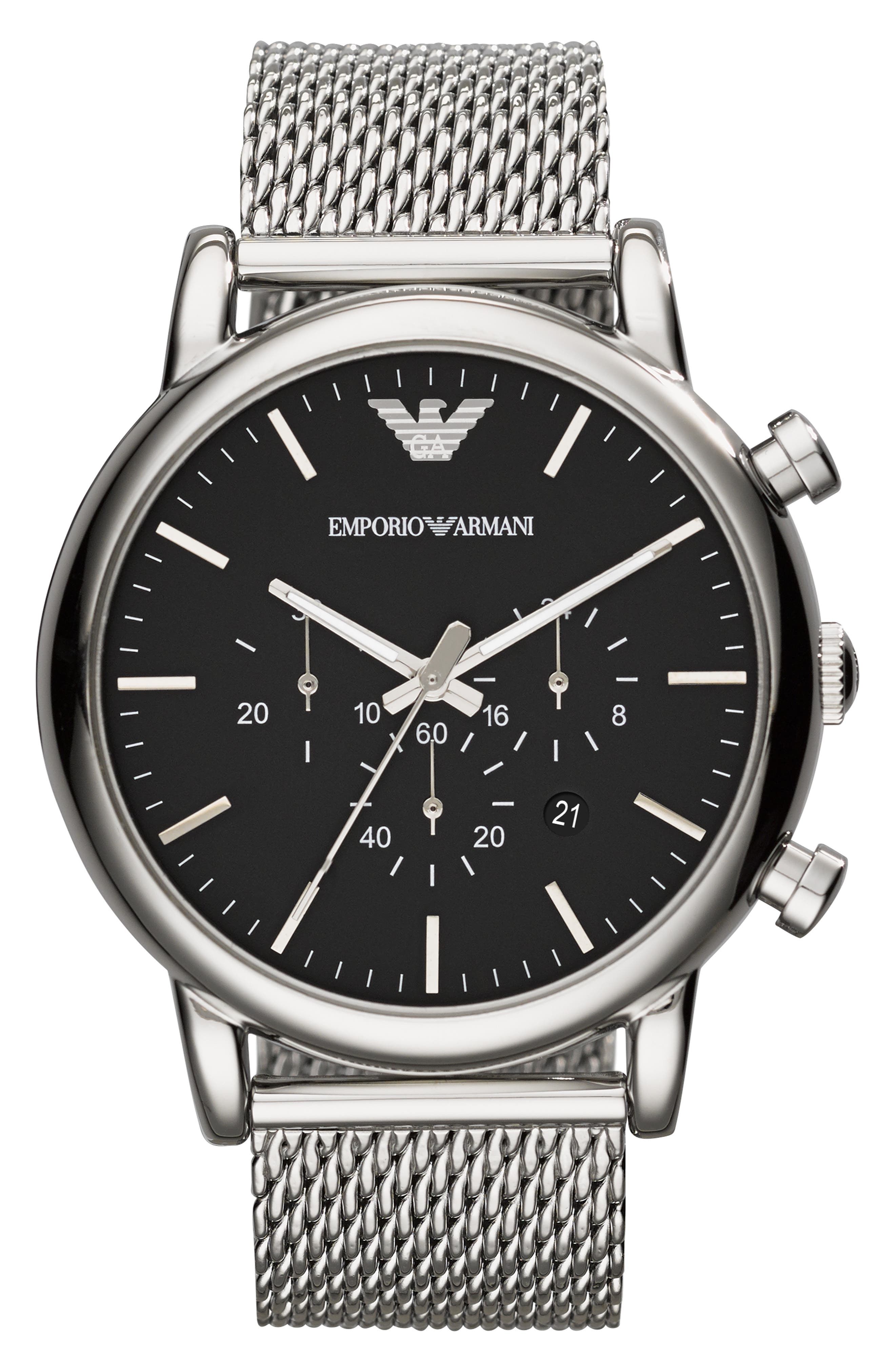 UPC 723763216814 Emporio Armani Chronograph Mesh Strap Watch 46mm Silver Black One Size upcitemdb