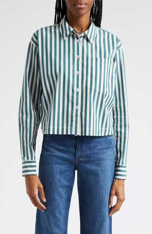 Shop Veronica Beard Maia Stripe Crop Button-up Shirt In Pine/white