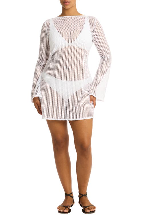 Surf Long Sleeve Sheer Mesh Cover-Up Minidress in White