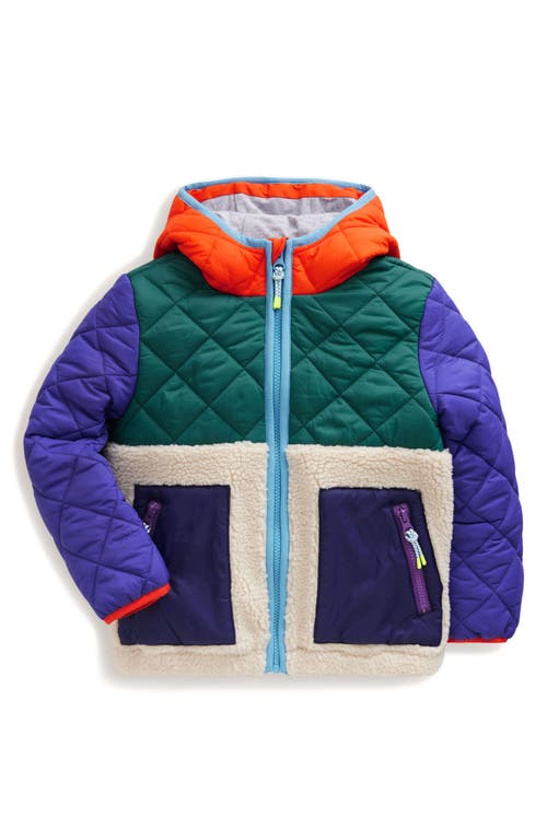 Shop Mini Boden Kids' Mix Quilt & Fleece Hooded Jacket In Blue Multi