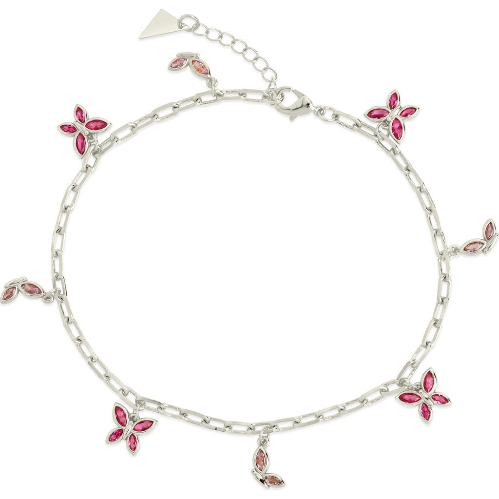 Sterling Forever Silver-tone Or Gold-tone Pink Cubic Zirconia Butterfly Charm Caria Anklet In Silver