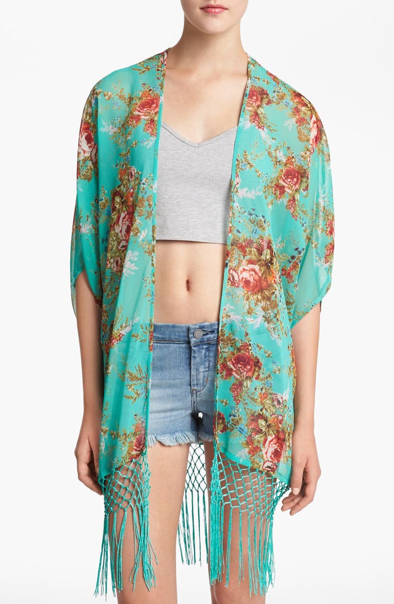 WAYF Floral Fringe Cardigan, Main, color, TEAL FLORAL