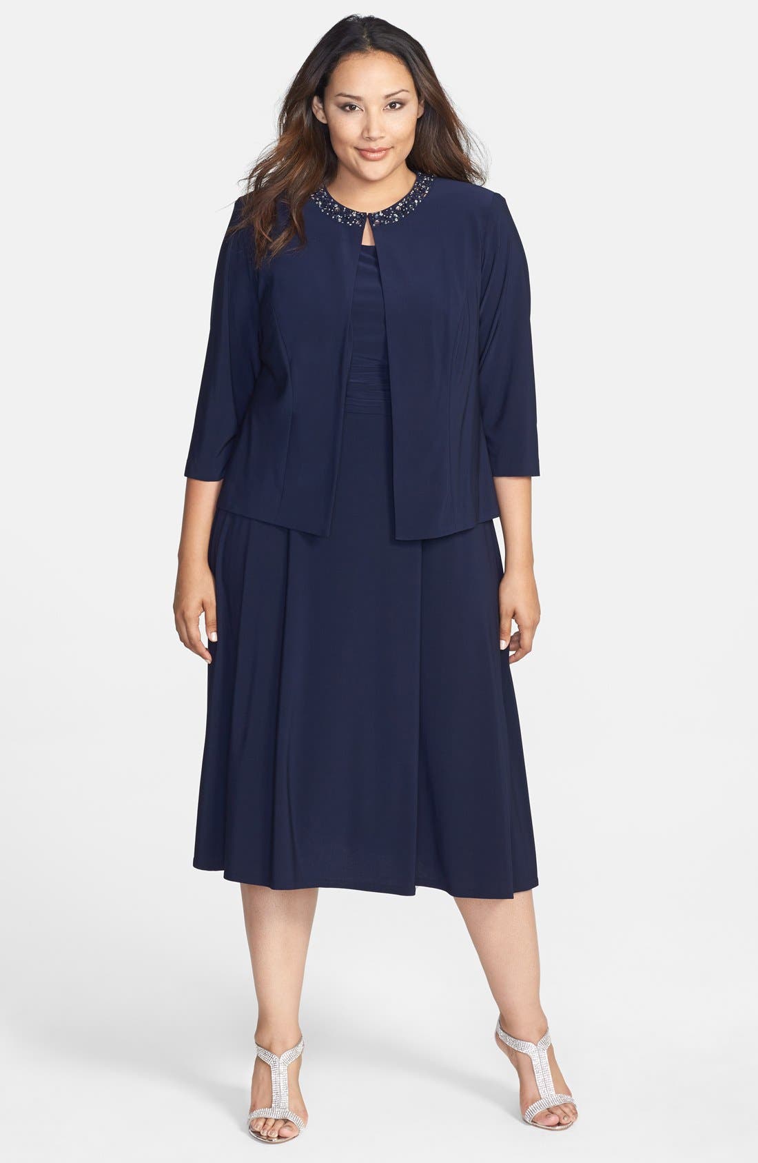 Jessica Howard Ruched Waist Sleeveless Dress & Embellished Jacket (Plus