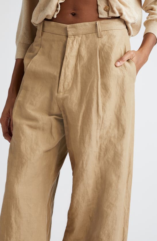 Shop R13 Pleated Wide Leg Linen Blend Trousers In Khaki