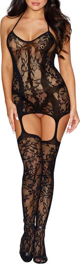 Dreamgirl Lace & Fishnet Chemise with Thigh High Stockings