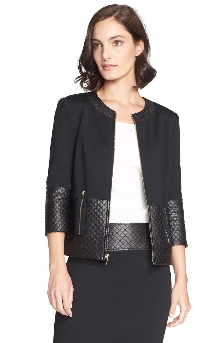 St. John Collection Quilted Leather Trim Milano Knit Jacket | Nordstrom