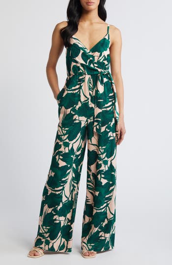 Chelsea28 Side Tie Wide Leg Jumpsuit In Pink- Green Sketch Tropic