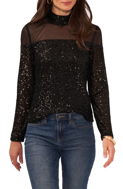 Vince Camuto Illusion Yoke Sequin Mock Neck Top In Rich Black