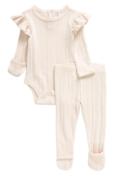 KNITTED BODYSUIT WITH RUFFLES FOR NEWBORN 'RABBIT', WHITE