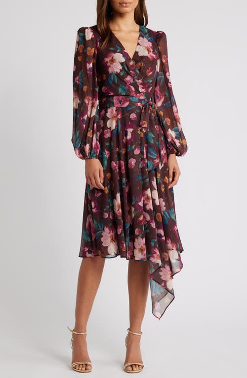 Shop Eliza J Floral Long Sleeve Faux Wrap Dress In Brown