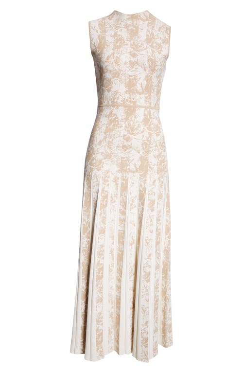 Shop Lela Rose Floral Stripe Jacquard Pleated Sleeveless Dress In Sand