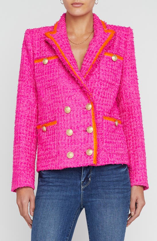 Shop L Agence Alectra Double Breasted Tweed Jacket In Rhodamine/ Glow Orange