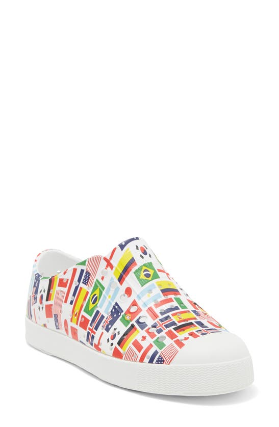 Native Shoes Kids' Jefferson Water Friendly Perforated Slip-on In Shell White/ White/ Flags