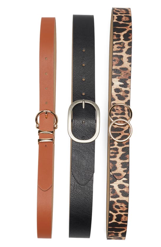 Shop Vince Camuto Set Of 3 Faux Leather Belts In Black/leopard/tan