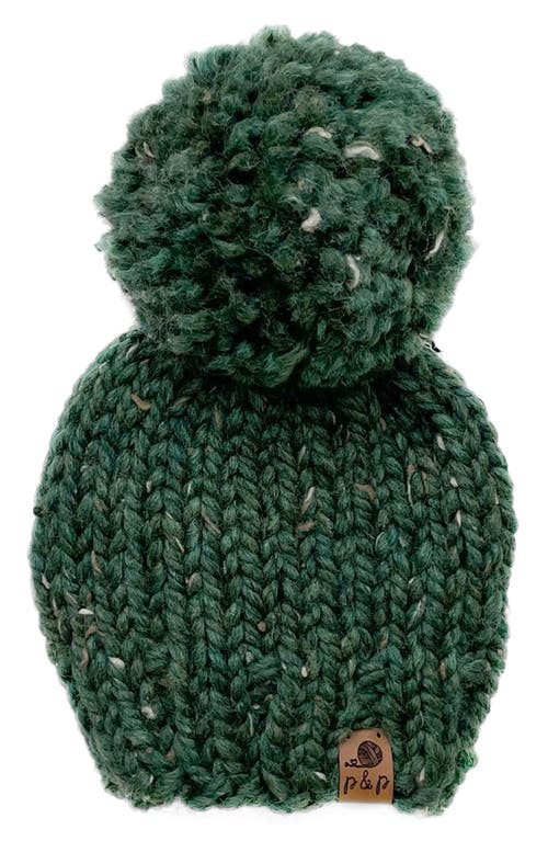 PINE + POPPY Holiday Pompom Hat in Hunter Green With Tweed Flecks