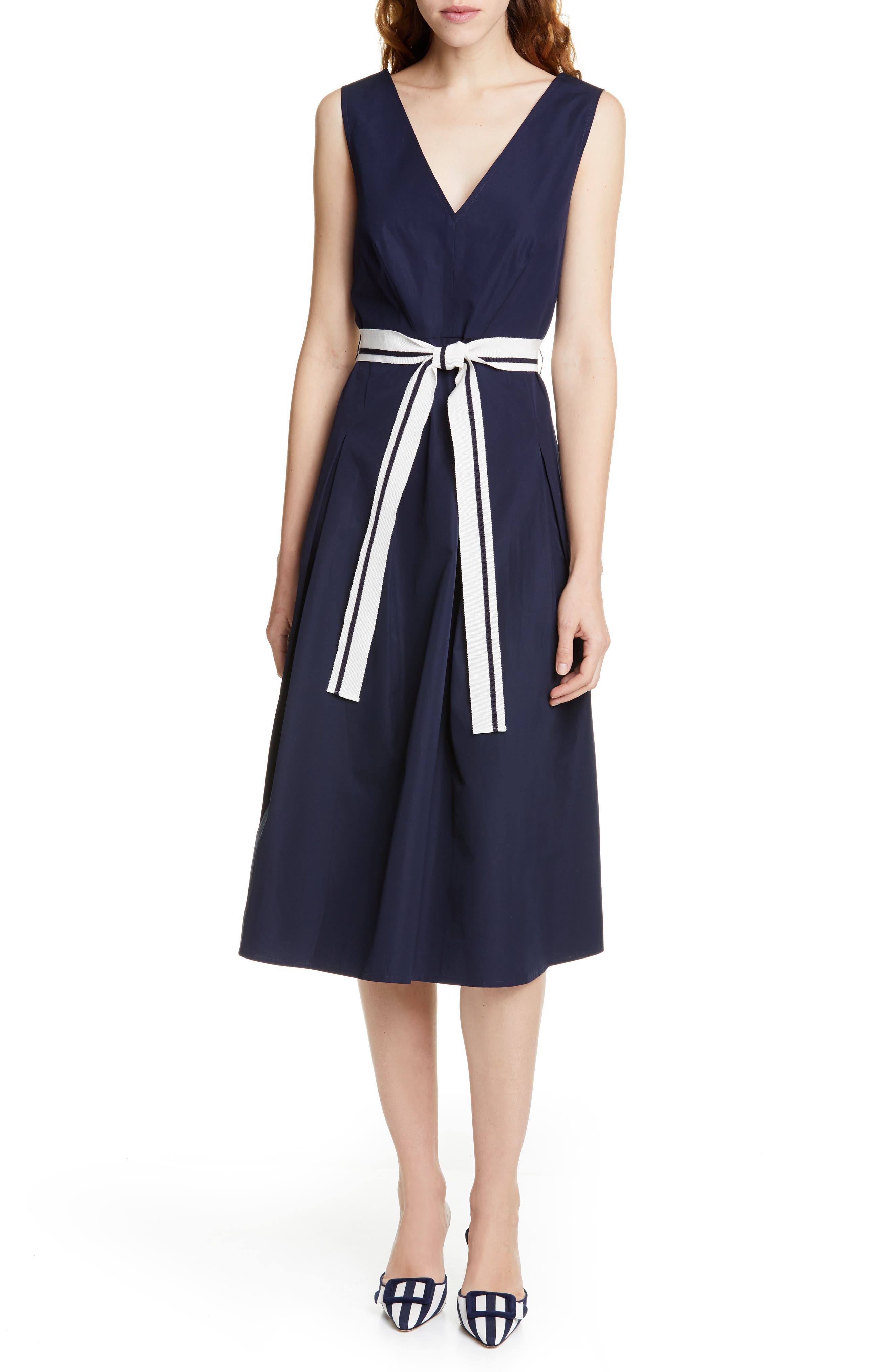 Judith & Charles Positano V-Neck Cotton Midi Dress, Blue
