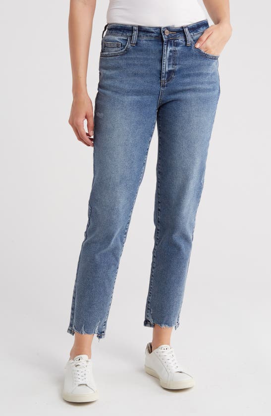 Shop Hint Of Blu Distressed Hem High Waist Slim Straight Leg Jeans In Free Blue