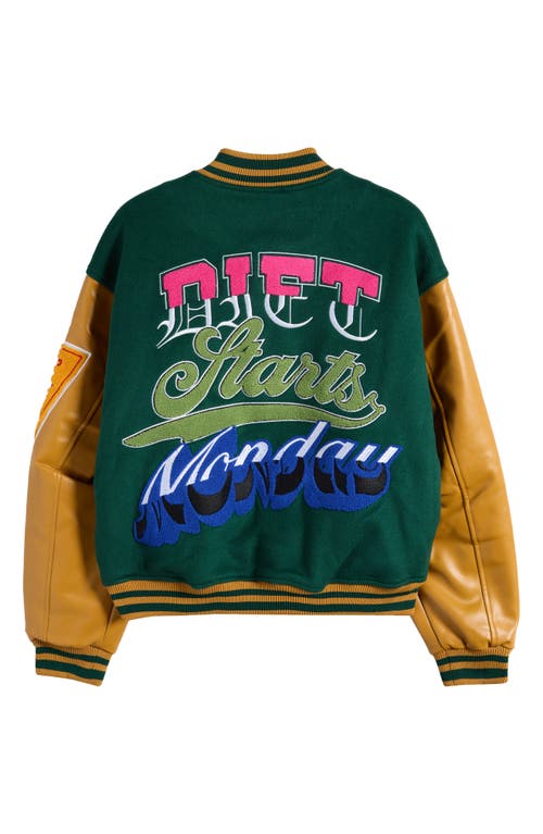 Shop Diet Starts Monday Wool Blend Varsity Jacket In Green/gold