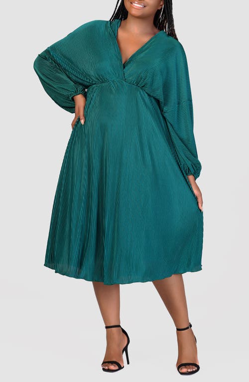 24seven Comfort Apparel Pleat Long Sleeve Fit & Flare Dress In Green