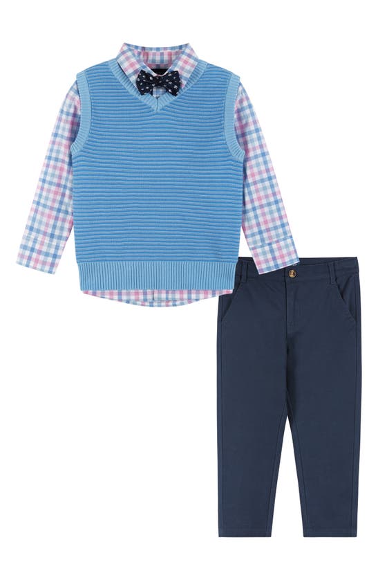 Shop Andy & Evan Kids' Sweater Vest, Button-up Shirt, Chinos & Bow Tie Set In White Plaid