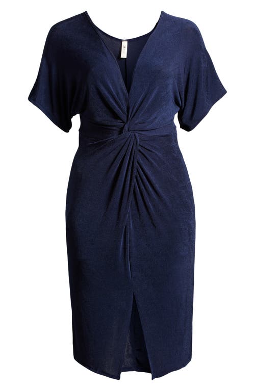 24seven Comfort Apparel Plus Size Short Sleeve V-neck Twist Front Split Hem Dress In Navy