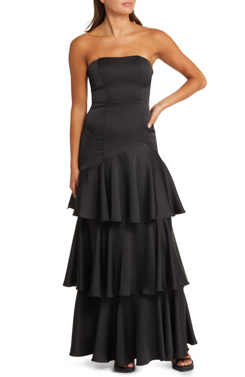 Blissfully Beautiful Strapless Tiered Satin Gown in Black