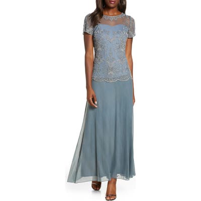 Petite Pisarro Nights Beaded Illusion Neck Chiffon Gown, Metallic