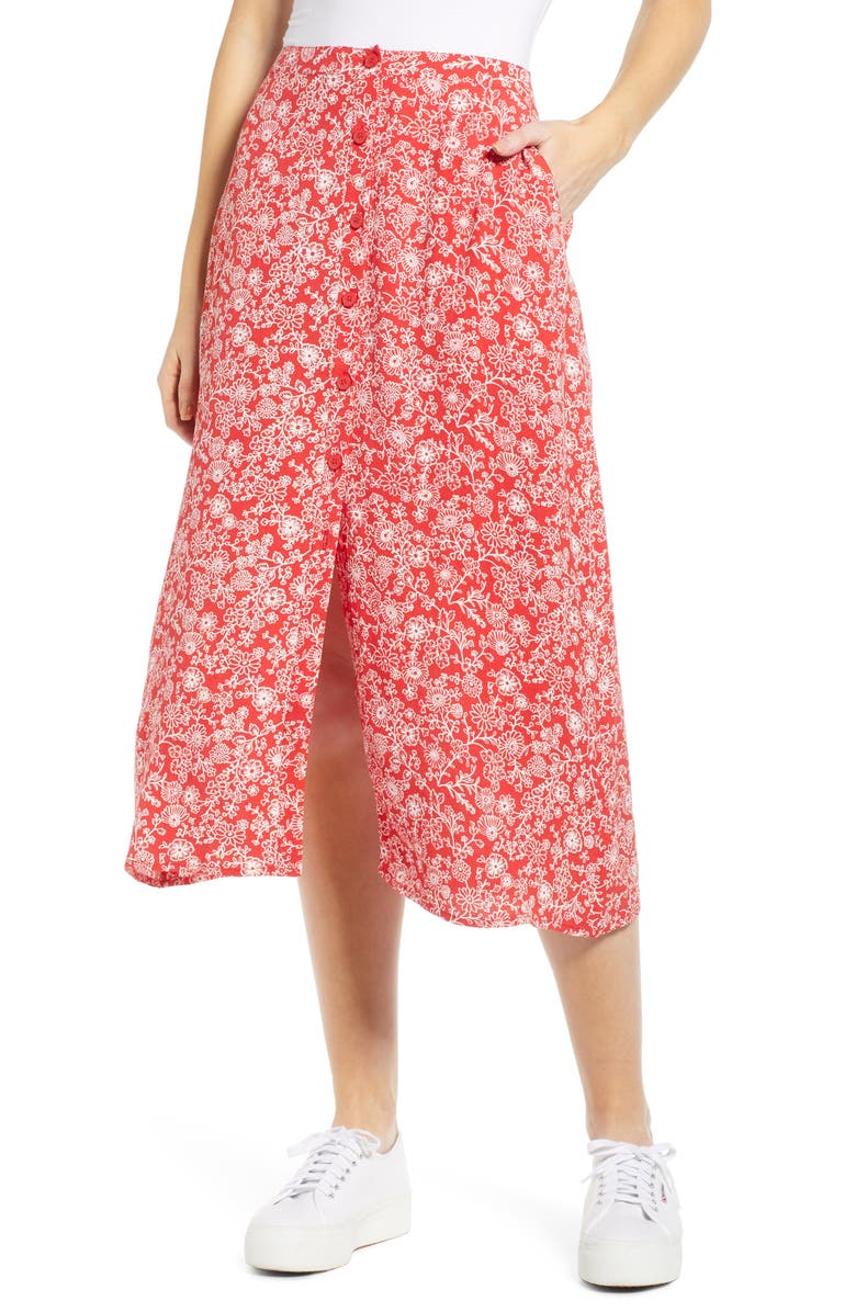 Floral Midi Skirt, Main, color, RED BLOOM VINED DAISIES