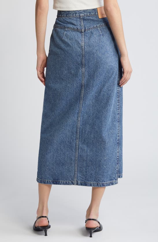 Shop Moussy Clovernook High Waist Denim Midi Skirt In Blue