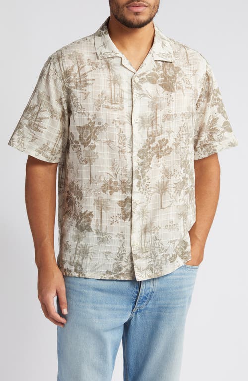 Palm Floral Print Short Sleeve Cotton Button-Up Shirt in Khaki