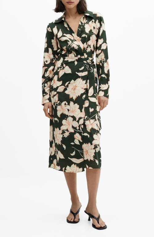 MANGO Carola Tie Waist Long Sleeve Dress Green at Nordstrom,