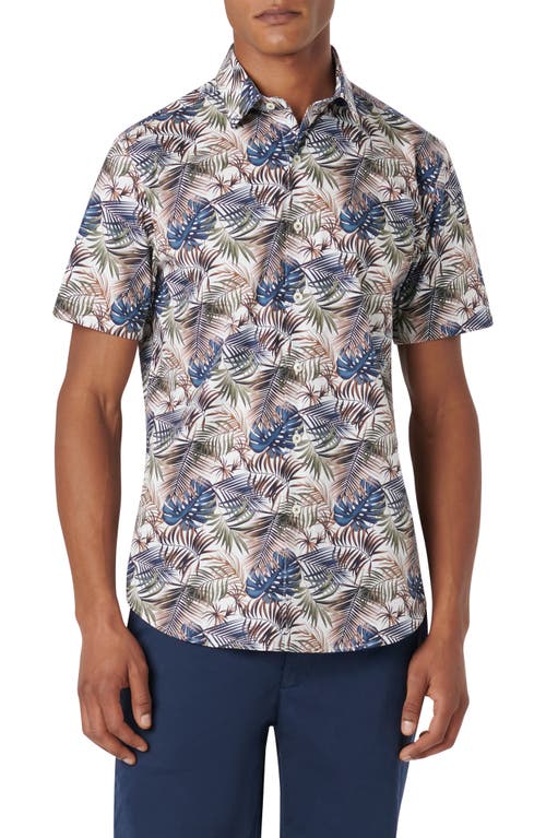 Bugatchi Orson Shaped Fit Frond Print Stretch Cotton Camp Shirt Khaki at Nordstrom,