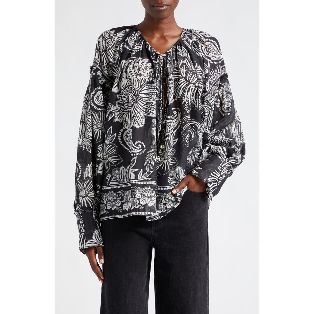Farm Rio Paisley Bloom Cotton Trapeze Top In Black